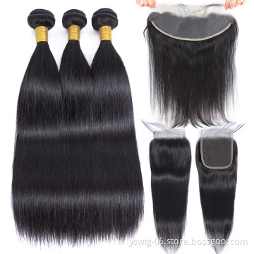 Peruvian Human Hair Bundles With Closure, Bundles Raw 100 Peruvian Straight Hair, 10A Grade Peruvian Virgin Human Hair